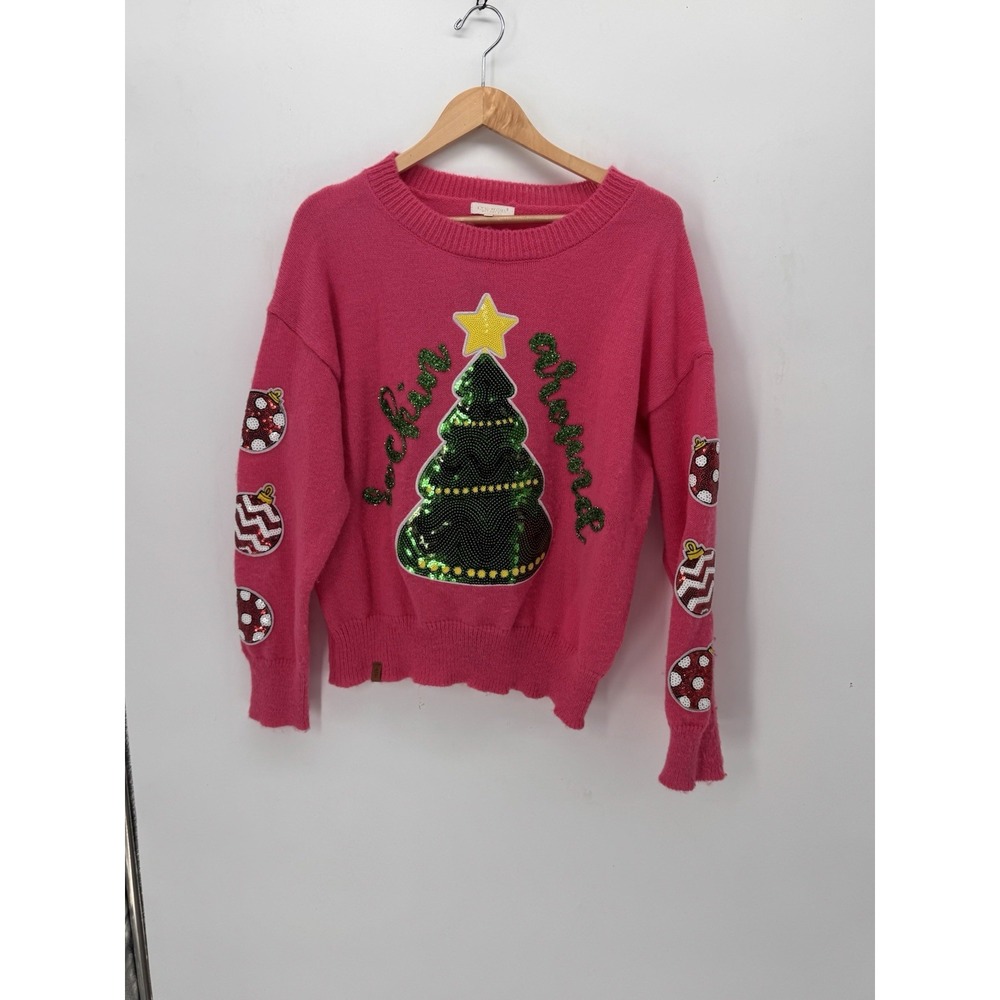 Simply Southern Pink Christmas Sweater Women's M Barbiecore Sequin Tree